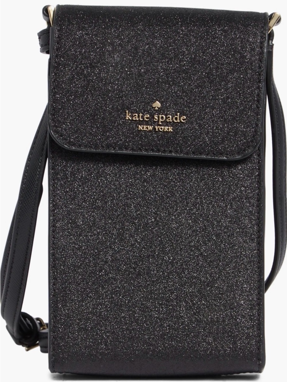 kate spade black glitter crossbody phone pouch with gold logo